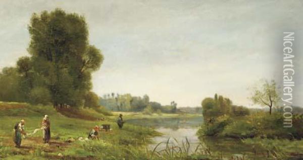 Washerwomen And A Fisherman On The Banks Of A River Oil Painting - Pierre-Emmanuel Damoye