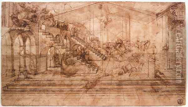 Perspectival study of the Adoration of the Magi c. 1481 Oil Painting - Leonardo Da Vinci