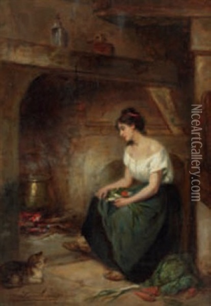 Femme Et Chat A Cote Du Foyer Oil Painting - Leon Emile Caille