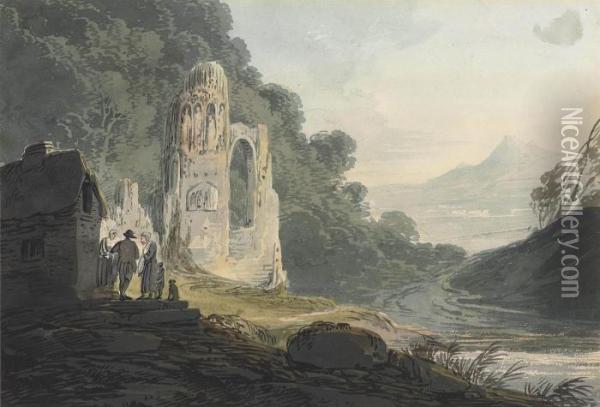 Figures Conversing Beside A Ruined Church Oil Painting - William Payne