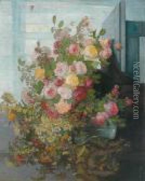 Still Life With Roses And Meadow Flowers On A Table Oil Painting - Konstantin Stoitzner
