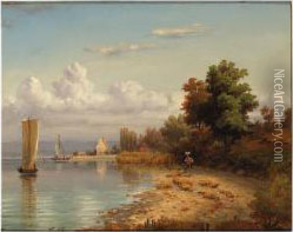 A Summer River Landscape; The Arrival Of The Fleet At Dusk Oil Painting - Friedrich Thurau
