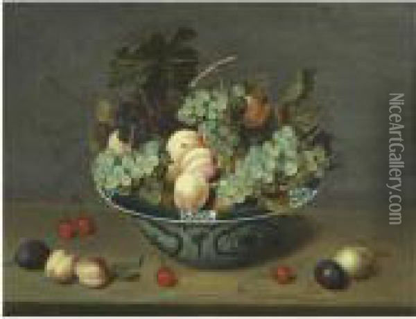 Still Life With Peaches And 
White And Red Grapes In A Chinese Wan-li Porcelain Bowl On A Ledge With 
Plums, Cherries And Apricots Oil Painting - Jacob van Hulsdonck