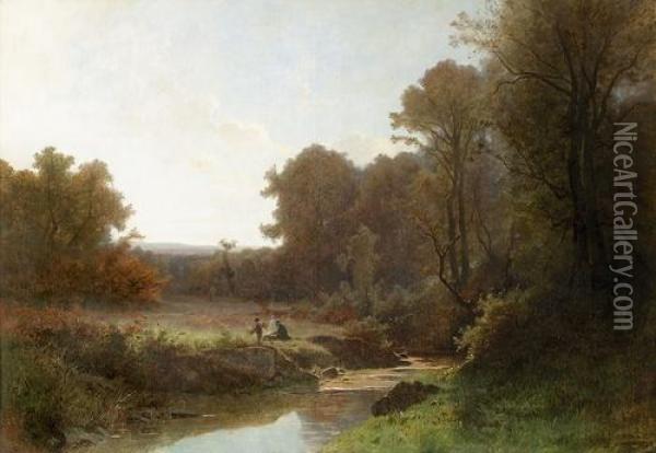 Waldlichtung Mit Zwei Figuren Am Feuer. Oil Painting - Gustave Castan