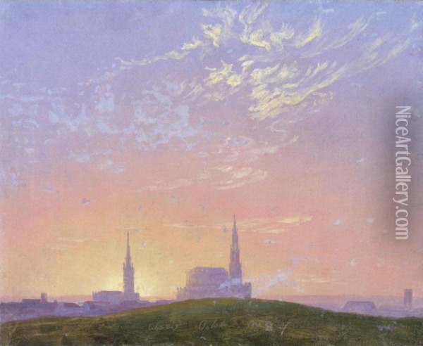 Abend (sonnenuntergang Hinter Der Dresdener Hofkirche) (evening: Sunset Behind Dresden's Hofkirche) Oil Painting - Caspar David Friedrich