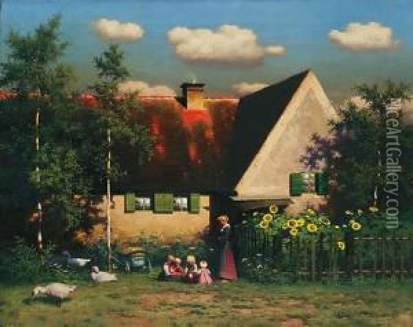 Untitled (children Playing, Geese And Cottage) Oil Painting - Paul-Wilhelm Keller-Reutlingen