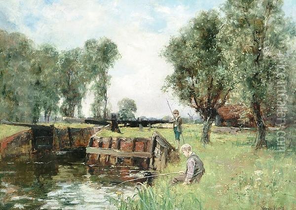 Boys Fishing By A Canal Oil Painting - Henry John Yeend King