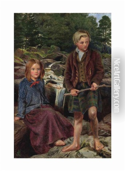 Two Highland Children By A Scottish Stream Oil Painting - Michael Frederick Halliday