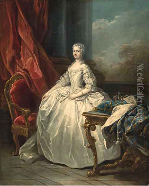 Portrait of Marie Leczinska, Queen of France (1703-1768), full-length, in a white dress, beside a table with a crown on a cushion Oil Painting - Carle van Loo