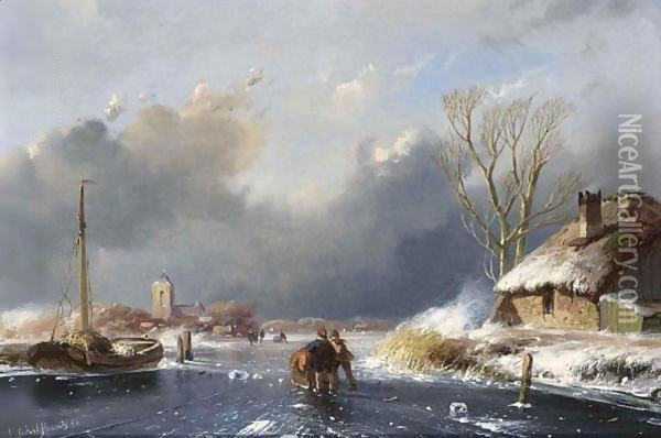 Skaters On A Frozen Waterway Oil Painting - Andreas Schelfhout