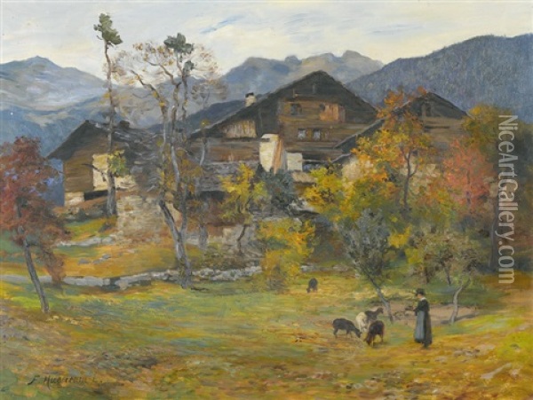 Herbstliche Walliser Landschaft Mit Ormone Oil Painting - Fritz Huguenin