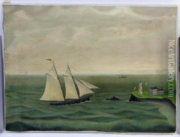 Clipper Ship Sailing By Lighthouse Oil Painting - John Orne Johnson Frost