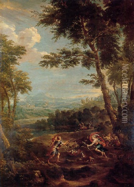 Atalanta And Meleager Hunting The Calydonian Boar Oil Painting - Jan Frans van Bloemen