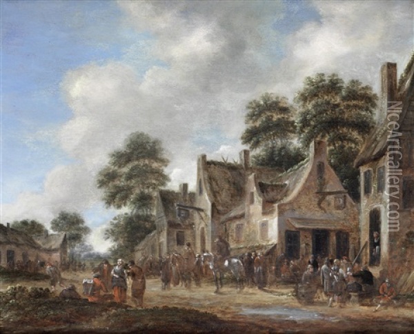 Peasants Drinking Before A Country Inn; And Horsemen Before A Country Inn (pair) Oil Painting - Thomas Heeremans