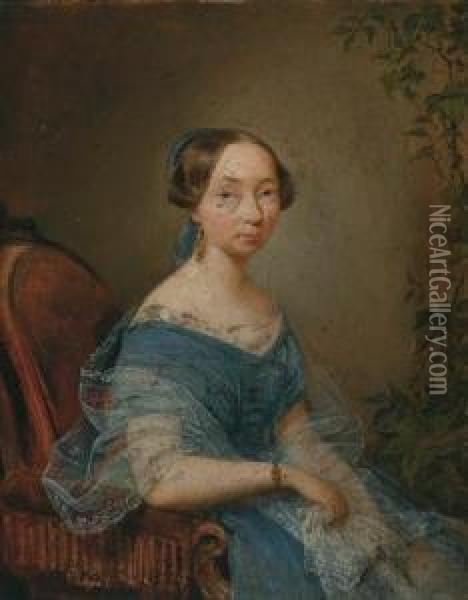 Portrait Of Amalie Bartsch In A Blue Dress Oil Painting - Theodor Petter