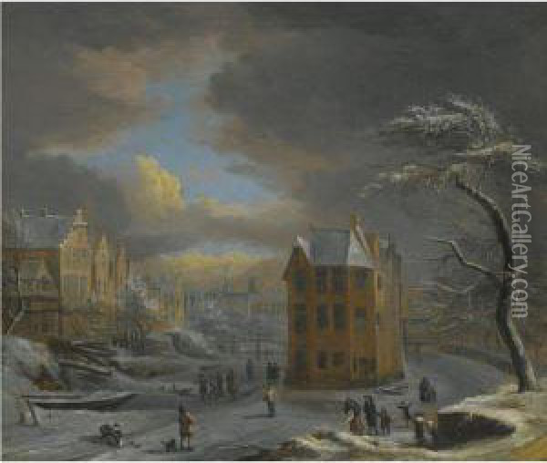 A Frozen Canal In Mid Winter With Skaters In The Foreground Oil Painting - Jan Abrahamsz. Beerstraaten
