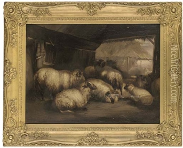 Sheep In A Barn (+ Cattle And Sheep In A Barn; Pair) Oil Painting - John W. Morris
