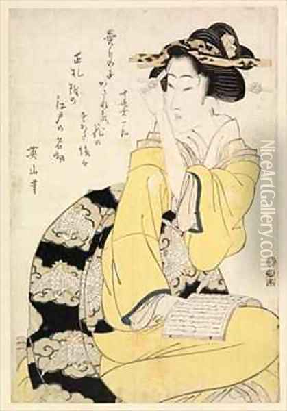Seated courtesan with a book Oil Painting - Kikukawa Eizan