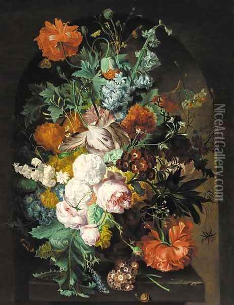 Parrot tulips, roses, poppies, carnations, morning glory, chrysanthemums in an urn on a stone ledge, with a snail, butterflies and other insects Oil Painting - Jan Van Huysum