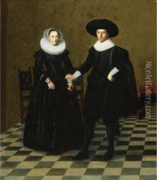 Portrait Of A Gentleman And His Wife In Black Embroidered Dresswith White Collars, Standing Full Length In An Interior Oil Painting - Dirck Verhaert