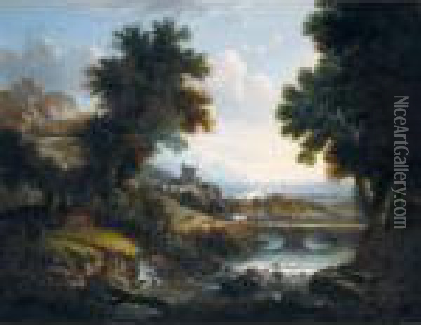 An Extensive Italianate Landscape With Gypsies In The Foreground Oil Painting - George, of Chichester Smith