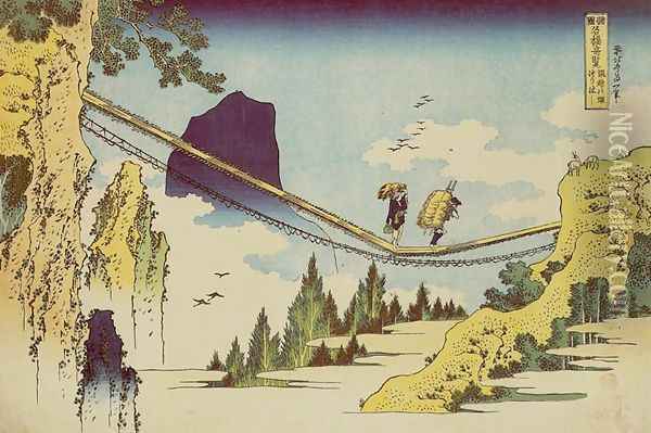 Suspension Bridge on the Border of Hida and Etchu Provinces (Hietsu no sakai tsuribashi) Oil Painting - Katsushika Hokusai