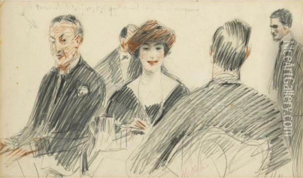 Le The Avec Le Ministre Des 
Postes [, Teatime With The Minister For Post Services; Black Chalk, 
Charcoal And Red Chalk, Signed.] Oil Painting - Paul Cesar Helleu