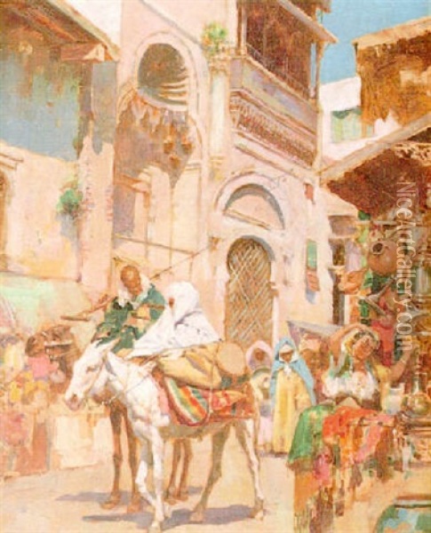 Horsemen In An Arab Market Oil Painting - Joaquin Miro