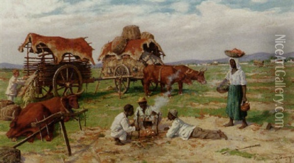 Rastende Feldarbeiter In Weiter Landschaft Bei Porto Alegre Oil Painting - Otto Dinger