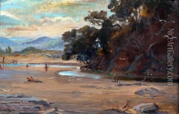 Figures In An Antipodean River Landscape Oil Painting - Horace Millichamp Moore-Jones