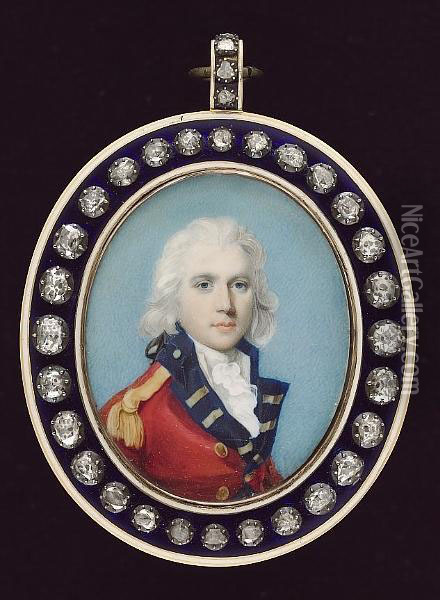 An Officer, Wearing Scarlet Coat With Blue Facings And Gold Epaulettes, White Waistcoat And Frilled Cravat, His Hair Powdered And Worn Oil Painting - John Donaldson