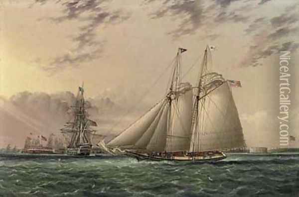 Mr. William Astor's schooner 'Ambassadress' in New York Harbor Oil Painting - James E. Buttersworth