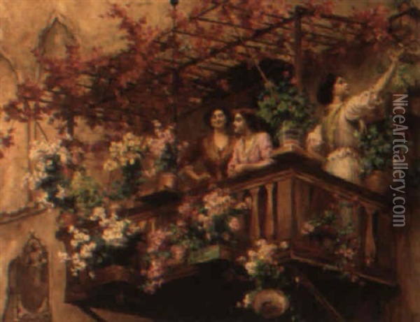 Young Beauties On A Flower-filled Balcony Oil Painting - Stefano Novo
