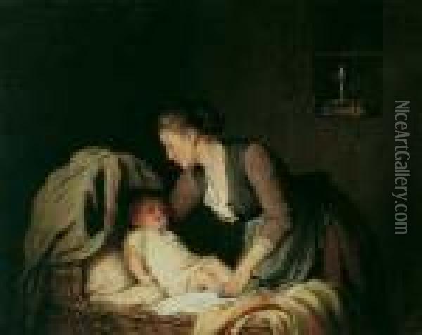 Junge Mutter Ihr Kind In Eine Korbwiege Legend. Oil Painting - Meyer Georg von Bremen