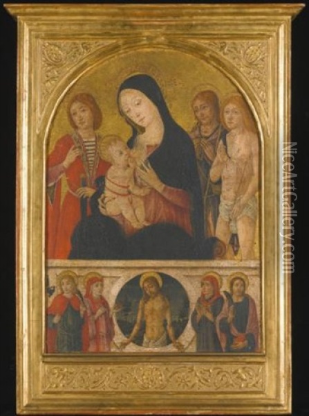 The Madonna And Child With Saints Julian The Hospitaler, Roch And Sebastian, Below The Dead Christ Set In A Landscape, Flanked By Saints Cosmas, Damian And Two Other Male Saints Oil Painting - Guidoccio di Giovanni Cozzarelli