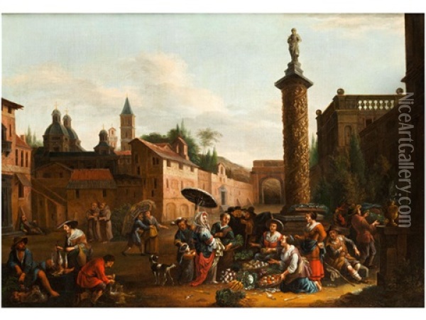 Fantastische Romische Stadtansicht Mit Marktszene Oil Painting - Hendrick Mommers