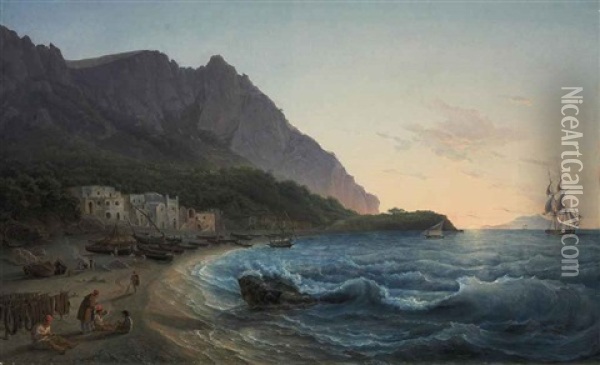 Fishing Boats On The Shore, Capri Oil Painting - Christian Frederik Ferdinand Thoming