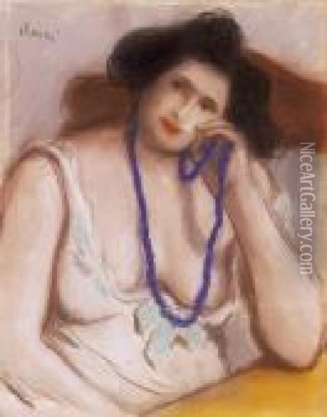 Woman With Blue Necklet Oil Painting - Jozsef Rippl-Ronai
