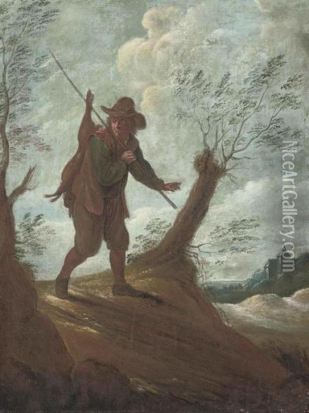 A Sportsman Carrying A Dead Hare In A Landscape Oil Painting - David The Younger Teniers