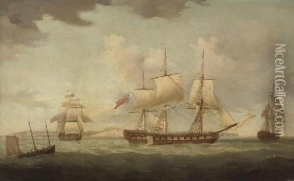 An Armed Merchantman In Three Positions In The Channel Off Dover Oil Painting - Thomas Whitcombe