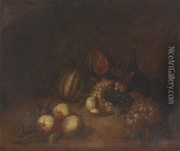 Grapes, Melons, Peaches, Figs, A Walnut And A Wine Bottle Oil Painting - Joseph Teal Cooper