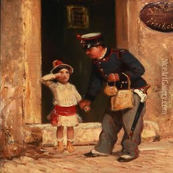 A Crying Girl Being Helped By A Roman Police Officer Oil Painting - Vilhelm J. Rosenstand