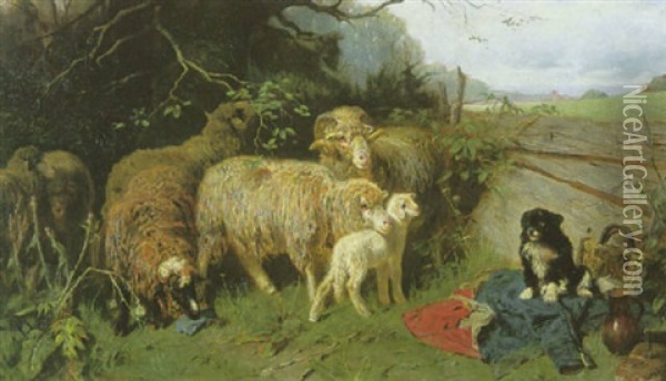 Schafe, Lammer Und Hund Am Weidegatter Oil Painting - Max Ludwig Lebling