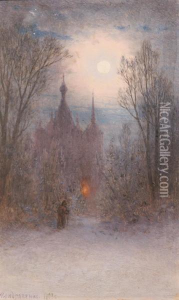 Moonlit Winterevening With Solitary Figure Oil Painting - Gavril Kondratenko