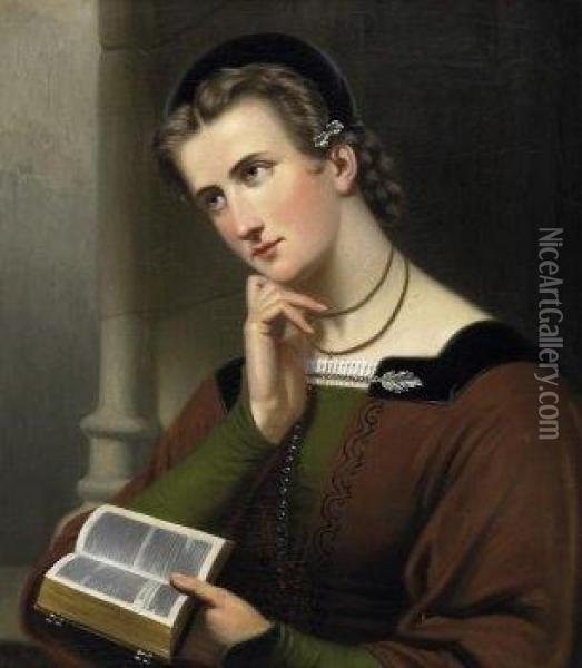 Portrat Of A Young Lady With Bible. Signed And Dated Lower Left: J.b. Van Uberfeldt May 1866 Oil Painting - Jan Braet Von Uberfeldt