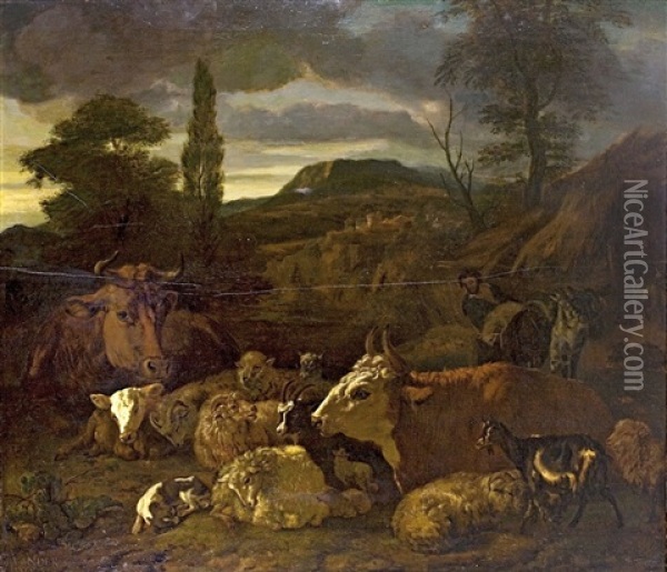 Sudliche Landschaft Mit Ruhender Viehherde Oil Painting - Jacob van der Does the Elder