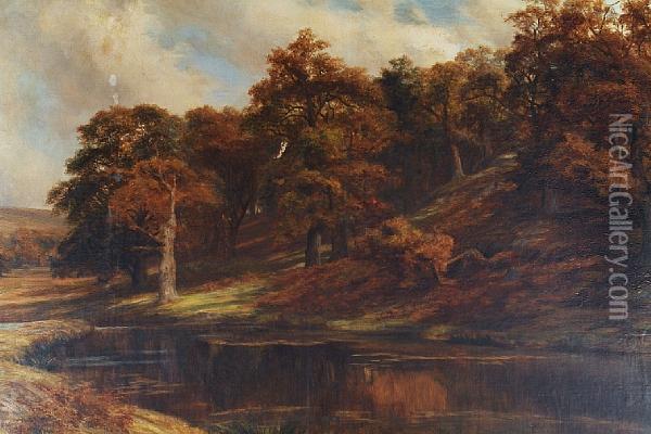 River Landscape With Trees On Ahillside Oil Painting - Charles Edward Johnson