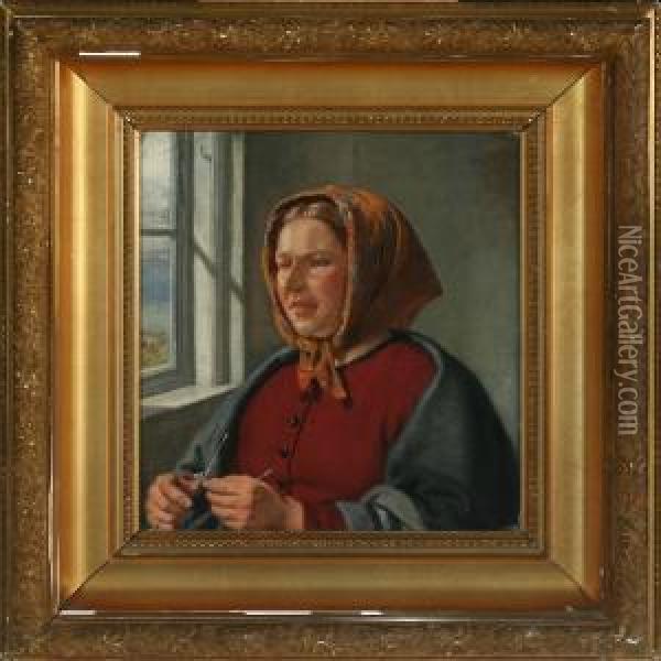 Portrait Of A Young Womanknitting With Daylight From The Window Oil Painting - Jorgen Roed