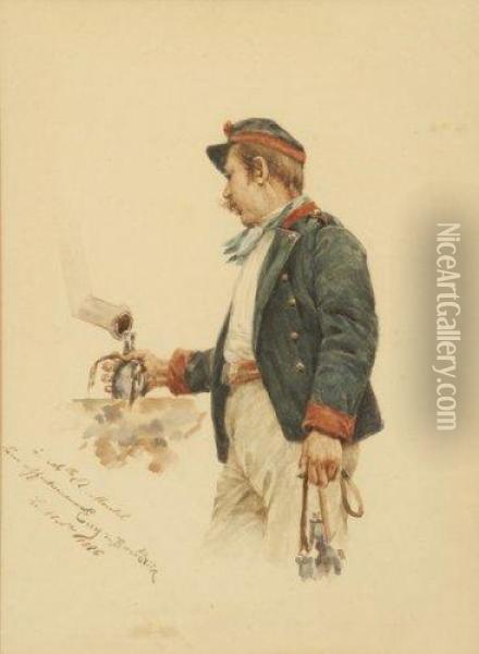 Soldat A La Fontaine Oil Painting - Eugene De Barberiis
