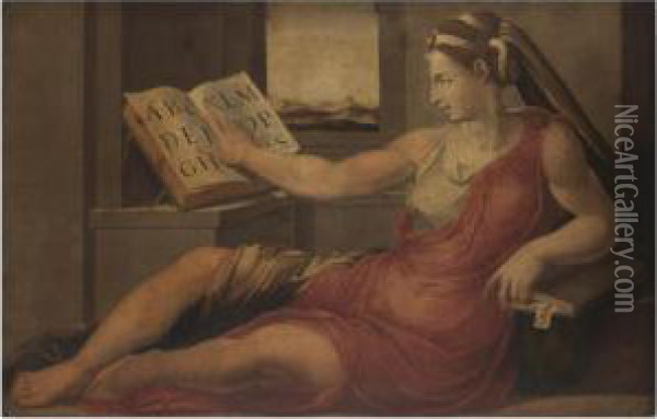 A Personification Of Grammar Oil Painting - Rancesco De' Rossi (see Salviati, Cecchino Del)